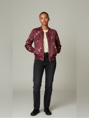 Love Fire casual burgundy satin floral lightweight y2k bomber jacket size medium